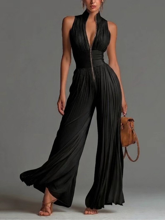 ✨Vacation & Party Deep V Neck Hollow Zip Sleeveless Wide Leg Jumpsuit🖤