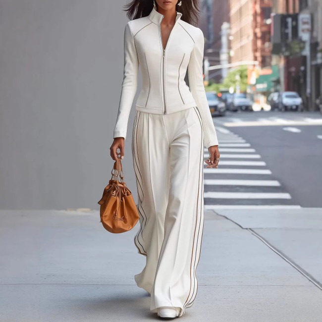 ✨Office & Street Zip Up Stand Collar Side Stripe Wide Leg Two Piece Set🤍