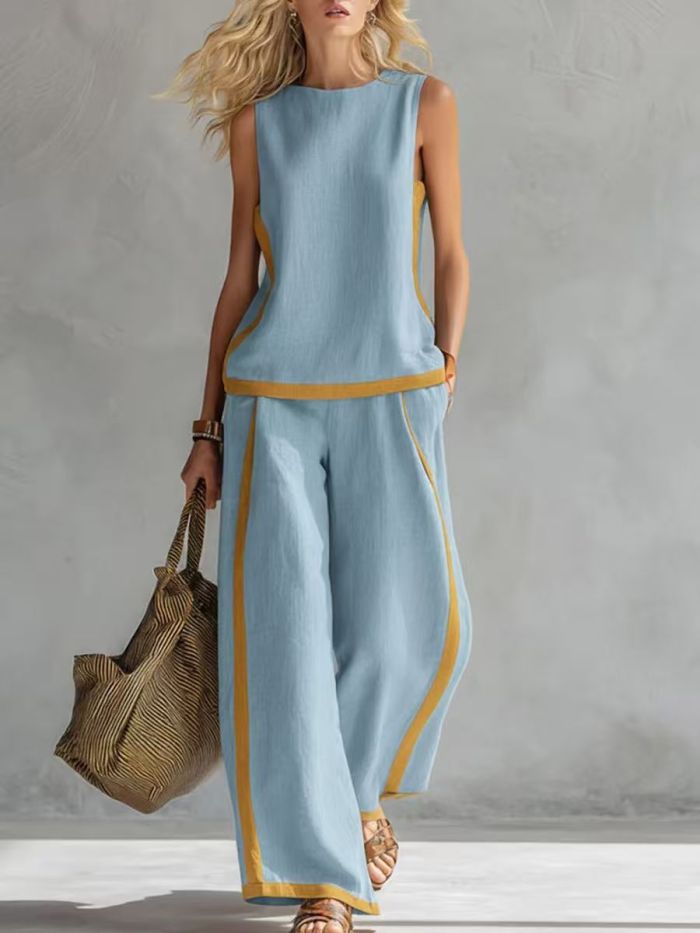 ✨Vacation & Casual Linen Blend Sleeveless Contrast Trim Two Piece Set🌿