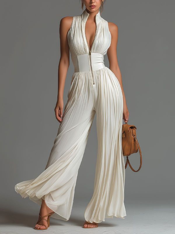 ✨Vacation & Party Deep V Neck Hollow Zip Sleeveless Wide Leg Jumpsuit🖤