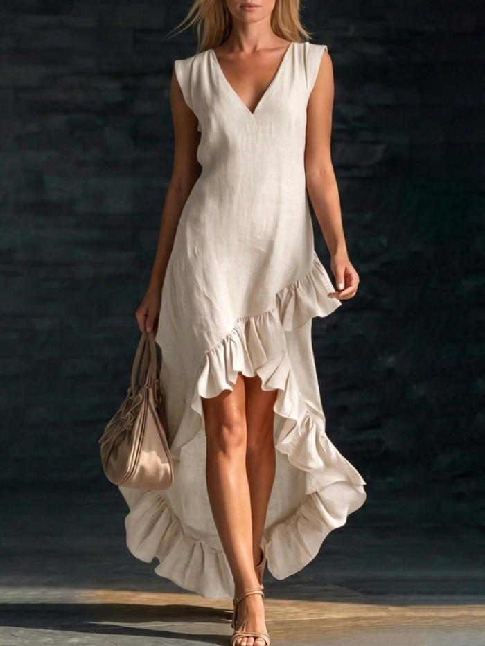 ✨Vacation & Casual Linen Blend V-Neck Sleeveless High Low Ruffle Hem Maxi Dress🌿