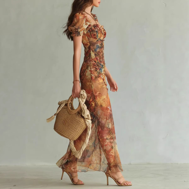 ✨Boho & Party Square Collar Puff Sleeve Floral Print Split Maxi Dress🌸