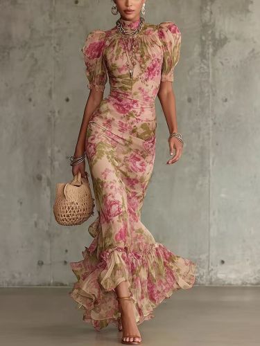 ✨Evening & Party Floral Print Mesh Lace Splicing Mermaid Long Dress🌸