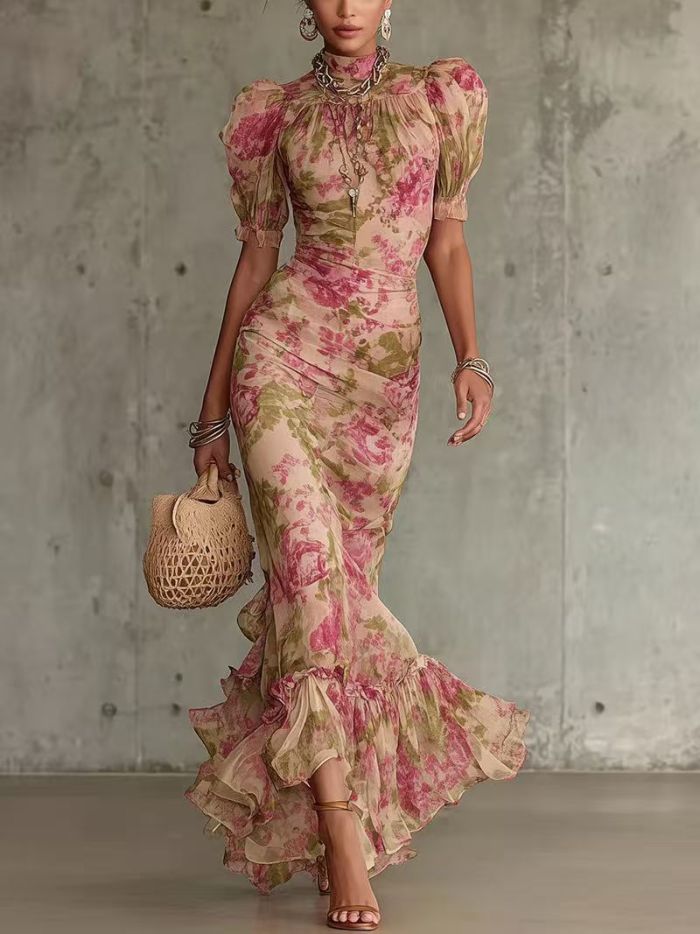 ✨Evening & Party Floral Print Mesh Lace Splicing Mermaid Long Dress🌸