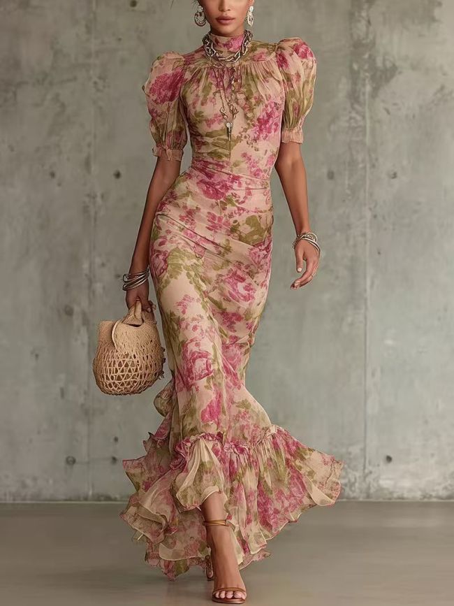 ✨Evening & Party Floral Print Mesh Lace Splicing Mermaid Long Dress🌸