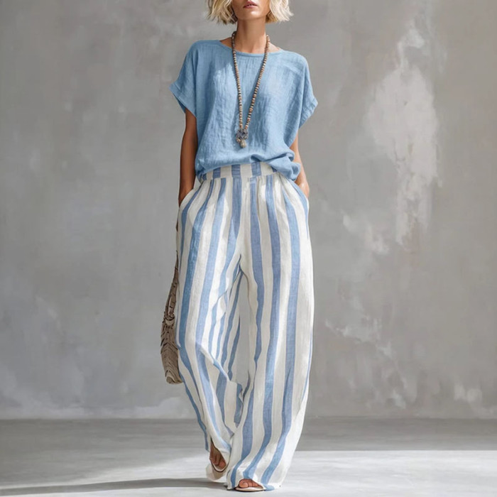 ✨Beach & Vacation Striped Cotton Linen Bohemian Two Piece Set🌿