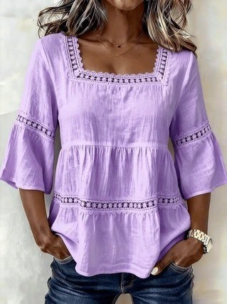 ✨Daily & Casual Square Collar Lace Patchwork Seven-Quarter Sleeve Hollowed Top🌷