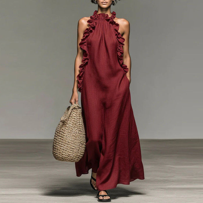 ✨Boho & Retro Halter Ruffle Trim Off Shoulder Sleeveless Maxi Dress🤎
