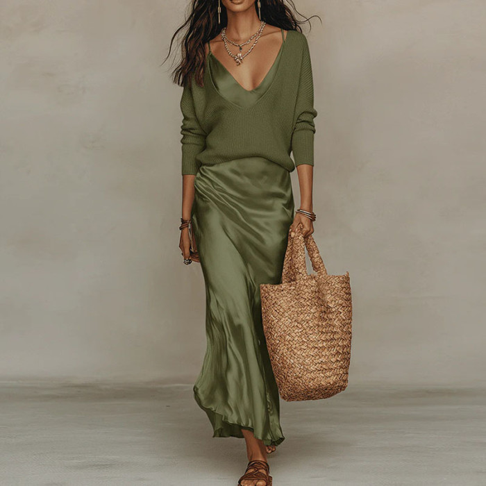 ✨Beach & Vacation V-Neck Sweater & Satin Long Dress Two Piece Set🌊