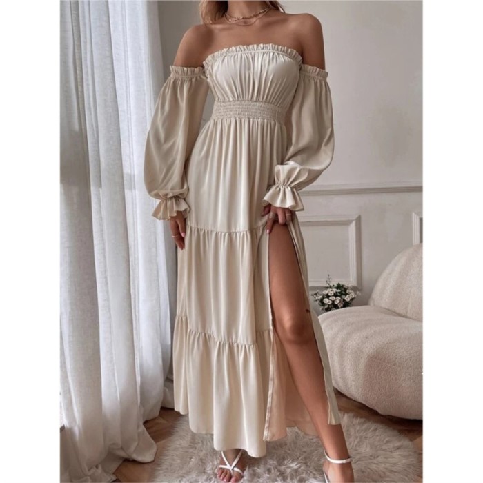 ✨Party & Boho Slash Neck Bare Shoulder Ruffle High Slit Maxi Dress🌸