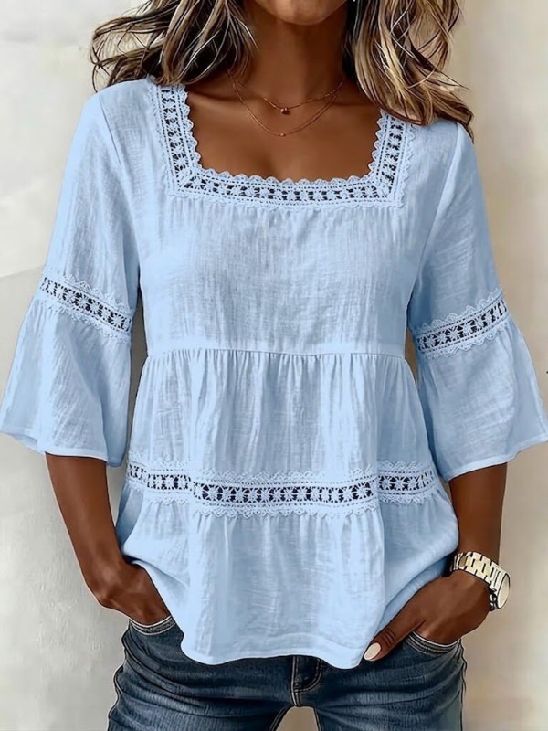 ✨Daily & Casual Square Collar Lace Patchwork Seven-Quarter Sleeve Hollowed Top🌷