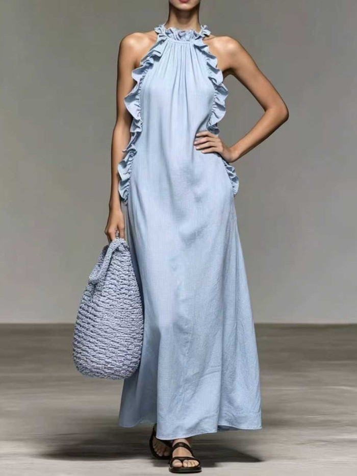 ✨Boho & Retro Halter Ruffle Trim Off Shoulder Sleeveless Maxi Dress🤎