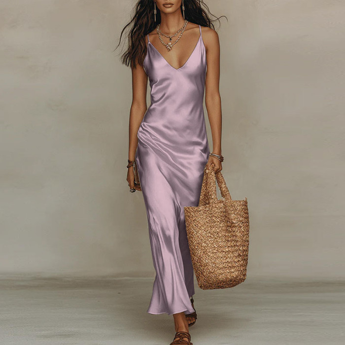 ✨Party & Banquet Deep V Neck Spaghetti Strap Satin Bodycon Long Dress🌙