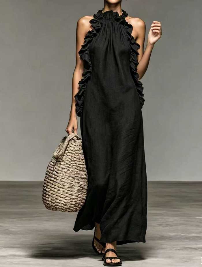 ✨Boho & Retro Halter Ruffle Trim Off Shoulder Sleeveless Maxi Dress🤎