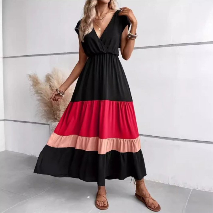 ✨Formal & Resort V-Neck Belted Contrast Striped Hem Bohemian Dress🌿