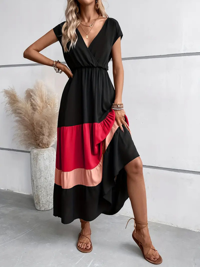 ✨Formal & Resort V-Neck Belted Contrast Striped Hem Bohemian Dress🌿