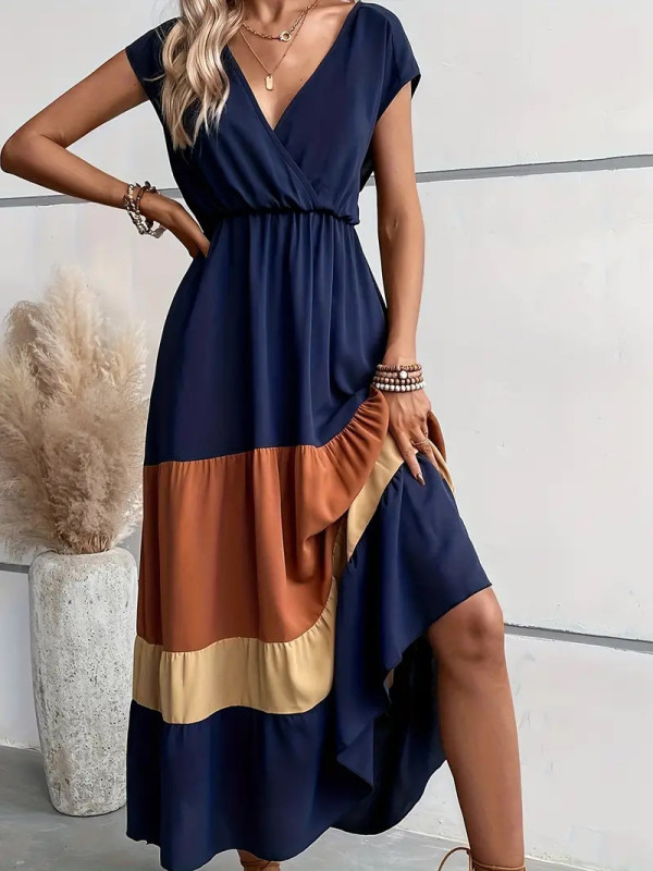 ✨Formal & Resort V-Neck Belted Contrast Striped Hem Bohemian Dress🌿