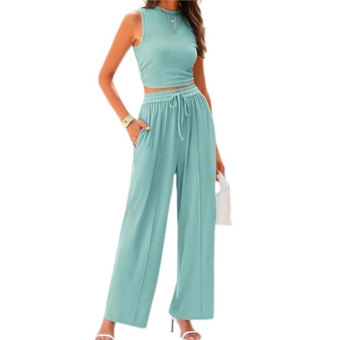 ✨Daily & Casual Round Neck Sleeveless Solid Color Pants Set🌿
