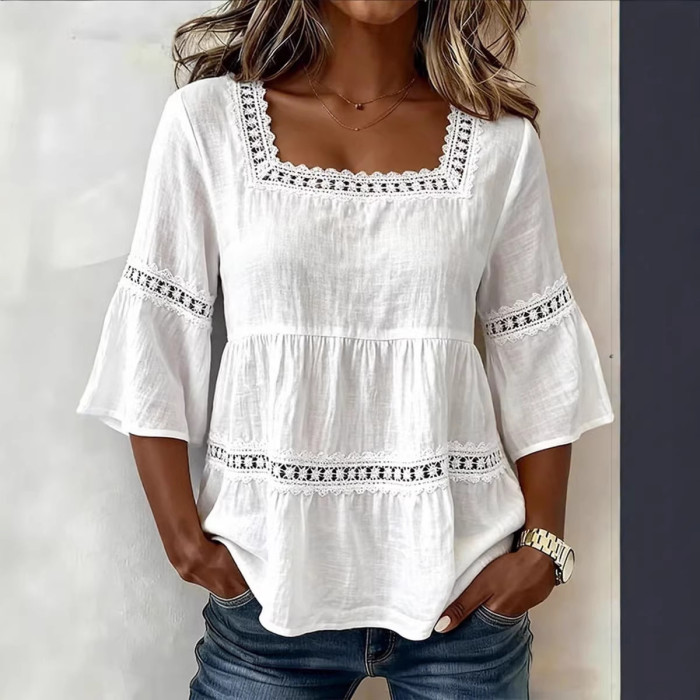 ✨Daily & Casual Square Collar Lace Patchwork Seven-Quarter Sleeve Hollowed Top🌷