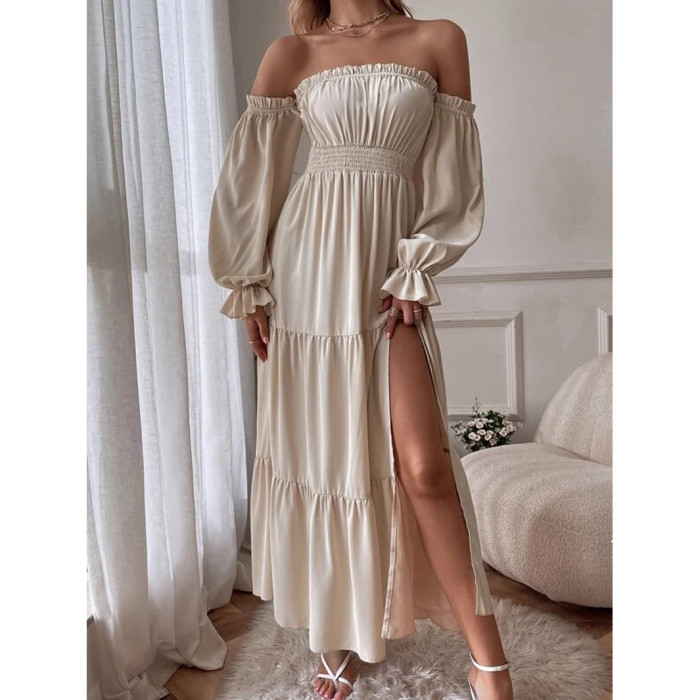 ✨Party & Boho Slash Neck Bare Shoulder Ruffle High Slit Maxi Dress🌸