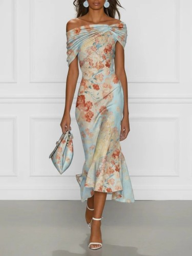 ✨Evening & Formal One-Shoulder Off Shoulder Floral Print Short Sleeve Dress🌙
