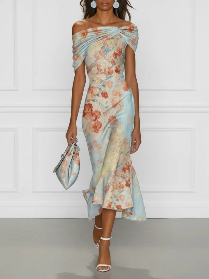 ✨Evening & Formal One-Shoulder Off Shoulder Floral Print Short Sleeve Dress🌙