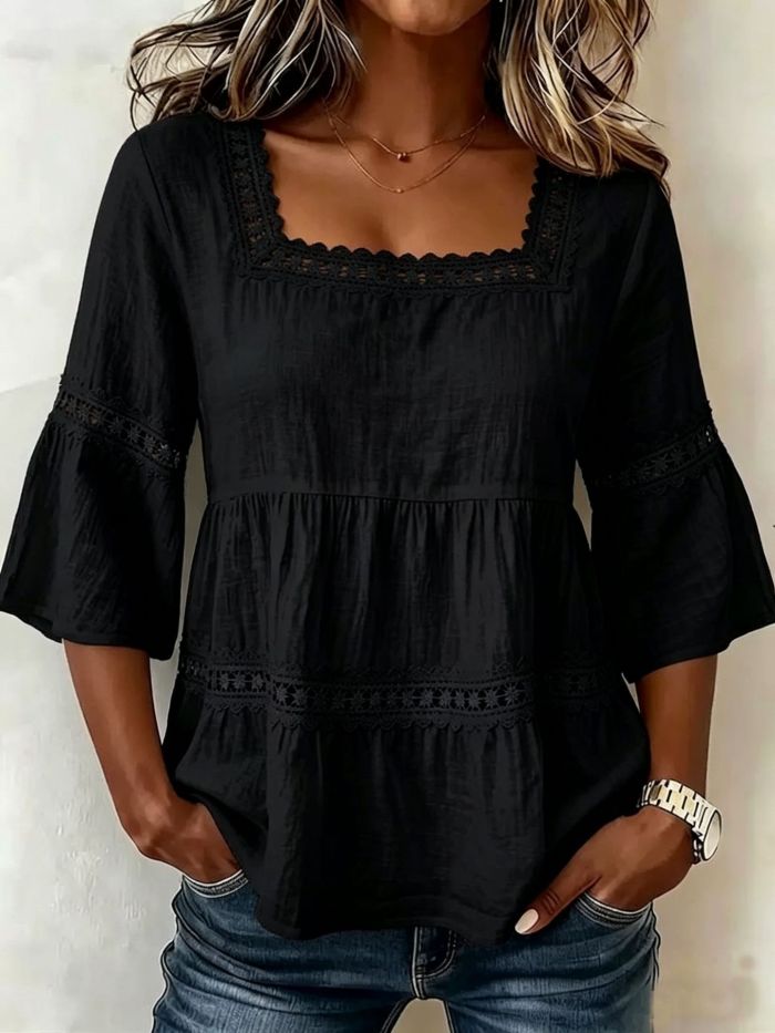 ✨Daily & Casual Square Collar Lace Patchwork Seven-Quarter Sleeve Hollowed Top🌷