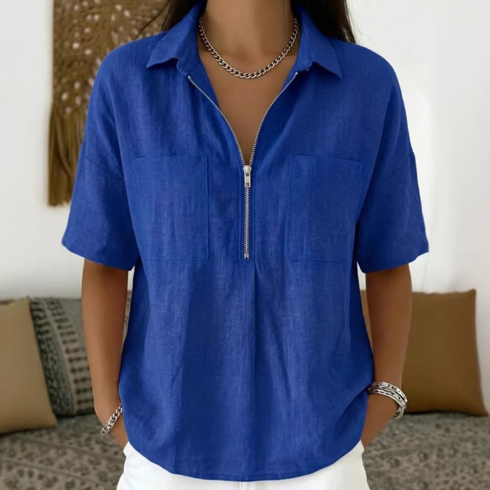 ✨Daily & Casual Flip Collar Half Zipper Pocket Short Sleeve Top🌿