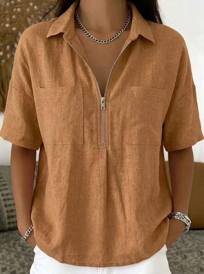 ✨Daily & Casual Flip Collar Half Zipper Pocket Short Sleeve Top🌿