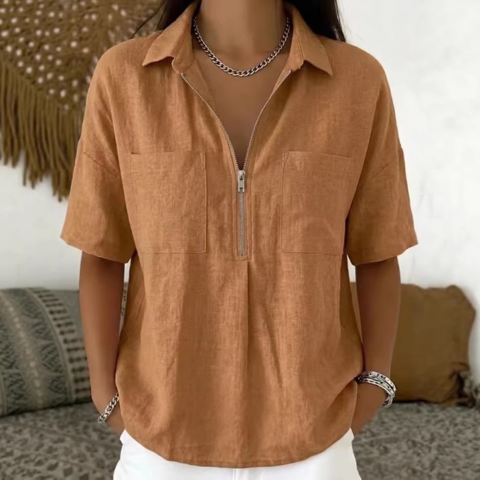 ✨Daily & Casual Flip Collar Half Zipper Pocket Short Sleeve Top🌿