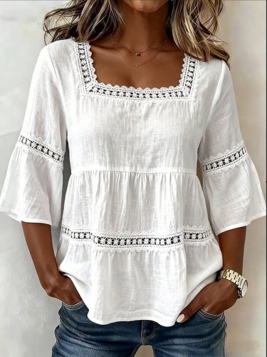 ✨Daily & Casual Square Collar Lace Patchwork Seven-Quarter Sleeve Hollowed Top🌷