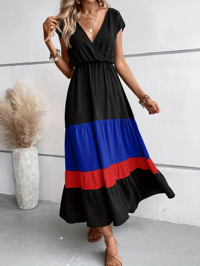 ✨Formal & Resort V-Neck Belted Contrast Striped Hem Bohemian Dress🌿