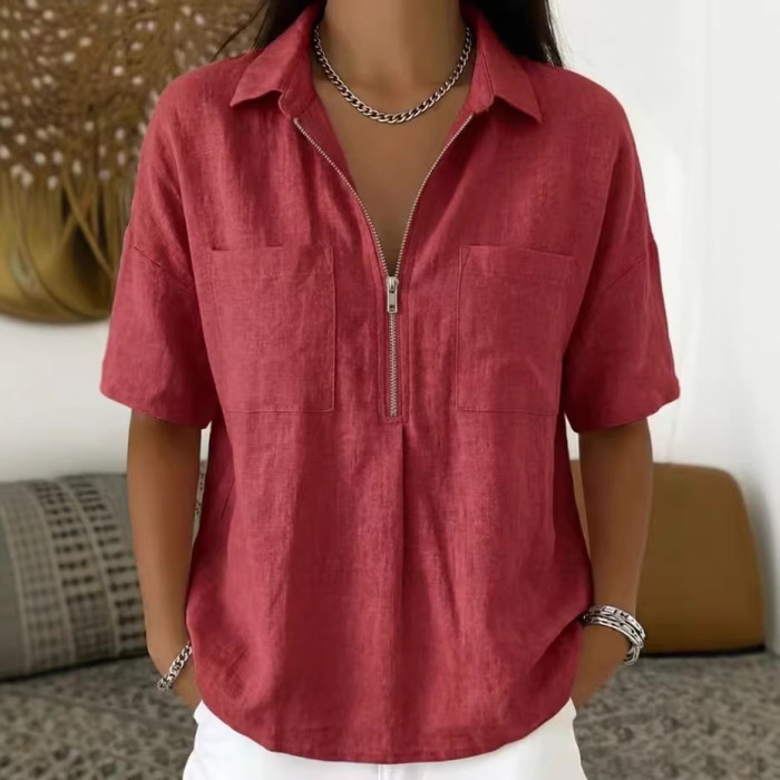 ✨Daily & Casual Flip Collar Half Zipper Pocket Short Sleeve Top🌿