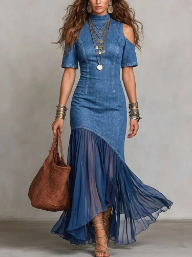 ✨Street & Party Off Shoulder Denim Patchwork Mesh Ruffle Fishtail Maxi Dress🌷