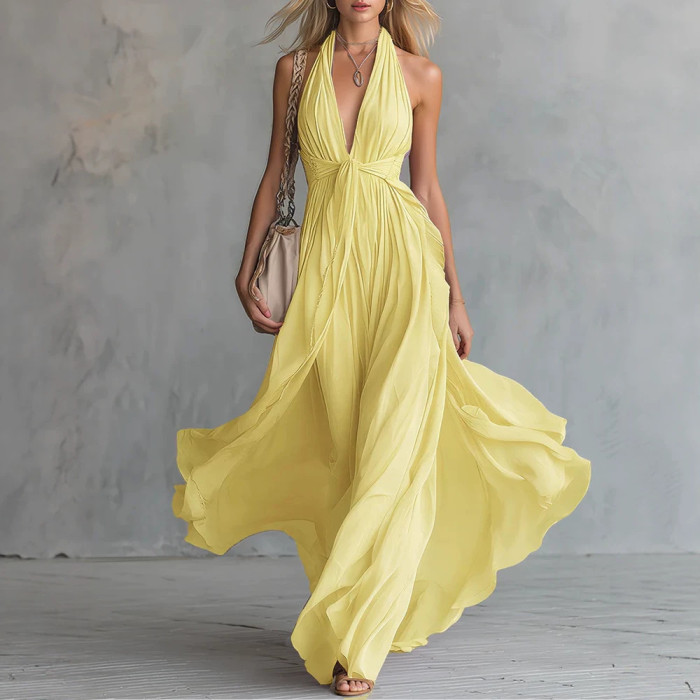 ✨Party & Daily V-neck Cinched Waist Sleeveless Solid Color Dress🌙