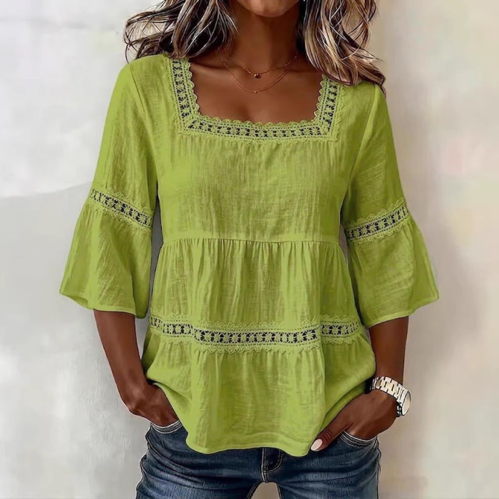✨Daily & Casual Square Collar Lace Patchwork Seven-Quarter Sleeve Hollowed Top🌷