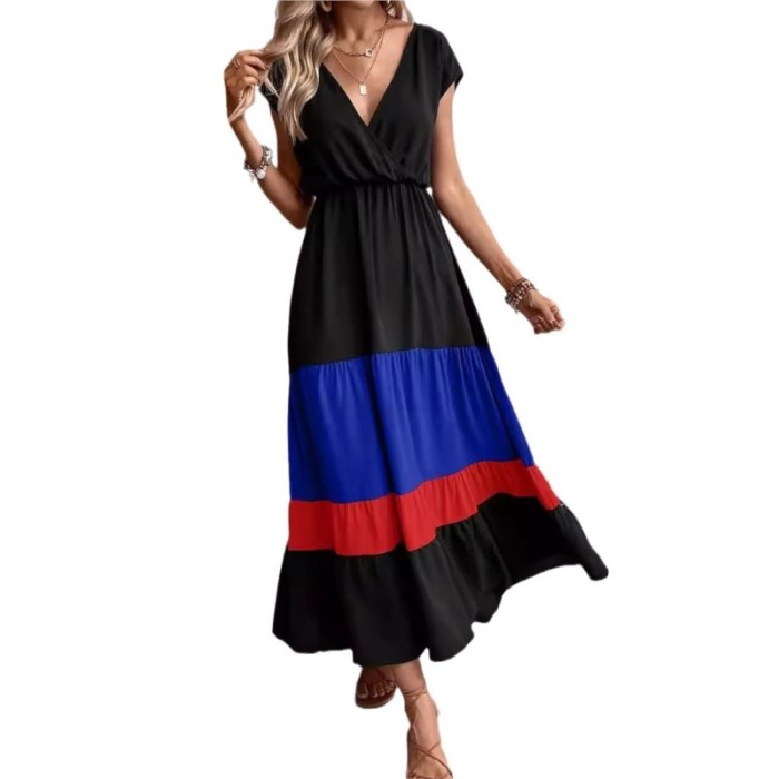 ✨Formal & Resort V-Neck Belted Contrast Striped Hem Bohemian Dress🌿