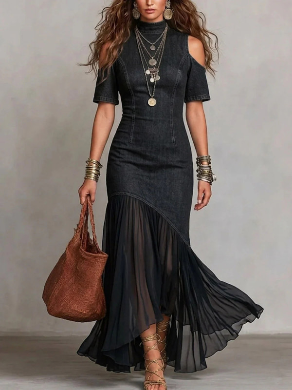 ✨Street & Party Off Shoulder Denim Patchwork Mesh Ruffle Fishtail Maxi Dress🌷