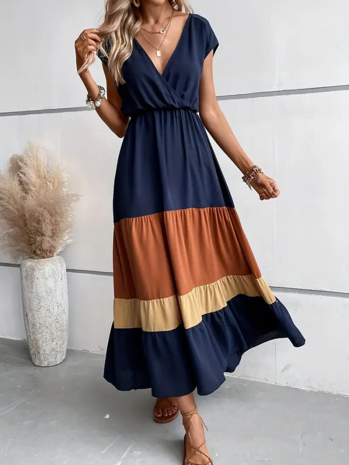 ✨Formal & Resort V-Neck Belted Contrast Striped Hem Bohemian Dress🌿