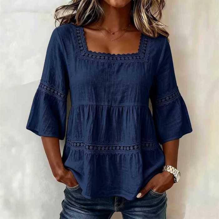 ✨Daily & Casual Square Collar Lace Patchwork Seven-Quarter Sleeve Hollowed Top🌷