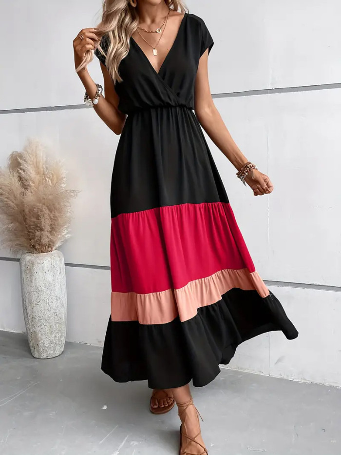 ✨Formal & Resort V-Neck Belted Contrast Striped Hem Bohemian Dress🌿