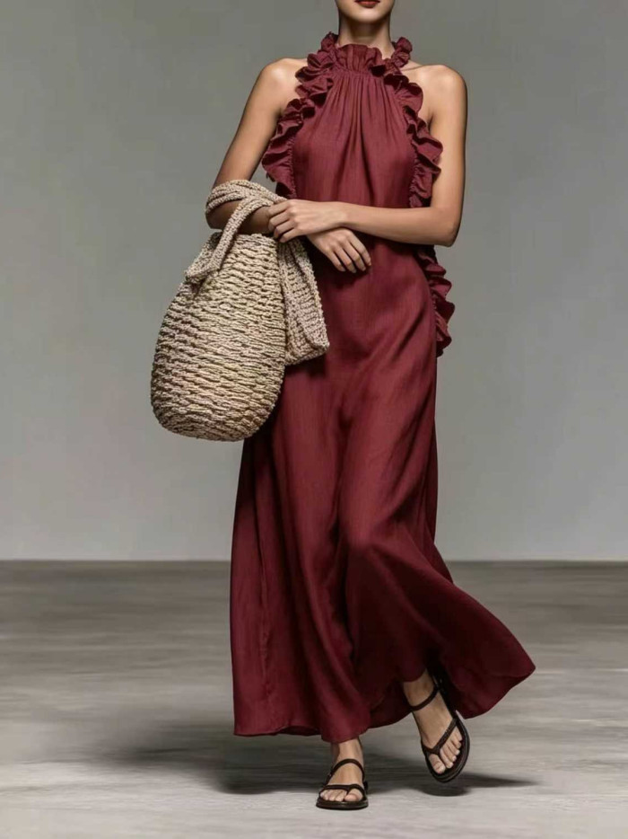✨Boho & Retro Halter Ruffle Trim Off Shoulder Sleeveless Maxi Dress🤎