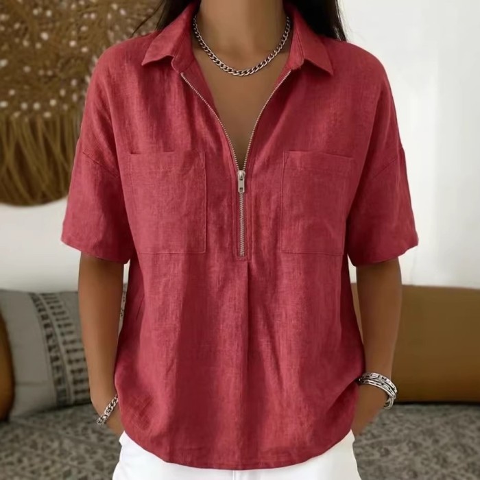 ✨Daily & Casual Flip Collar Half Zipper Pocket Short Sleeve Top🌿