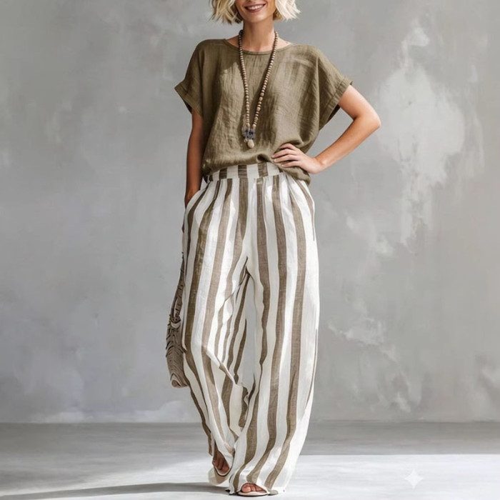 ✨Beach & Vacation Striped Cotton Linen Bohemian Two Piece Set🌿
