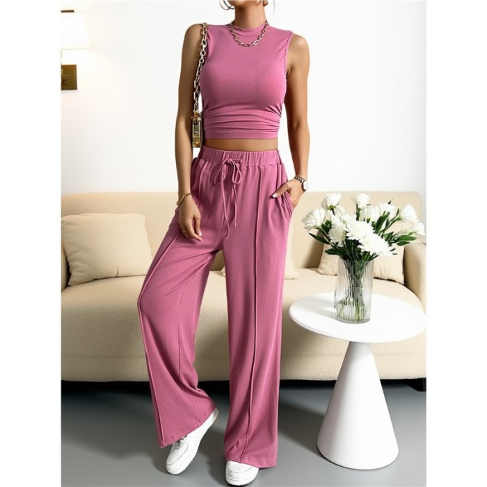 ✨Daily & Casual Round Neck Sleeveless Solid Color Pants Set🌿