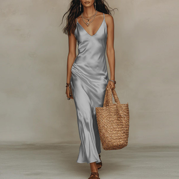 ✨Party & Banquet Deep V Neck Spaghetti Strap Satin Bodycon Long Dress🌙