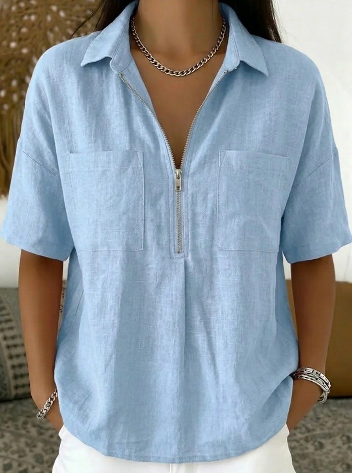 ✨Daily & Casual Flip Collar Half Zipper Pocket Short Sleeve Top🌿