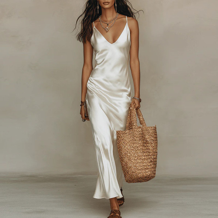 ✨Party & Banquet Deep V Neck Spaghetti Strap Satin Bodycon Long Dress🌙
