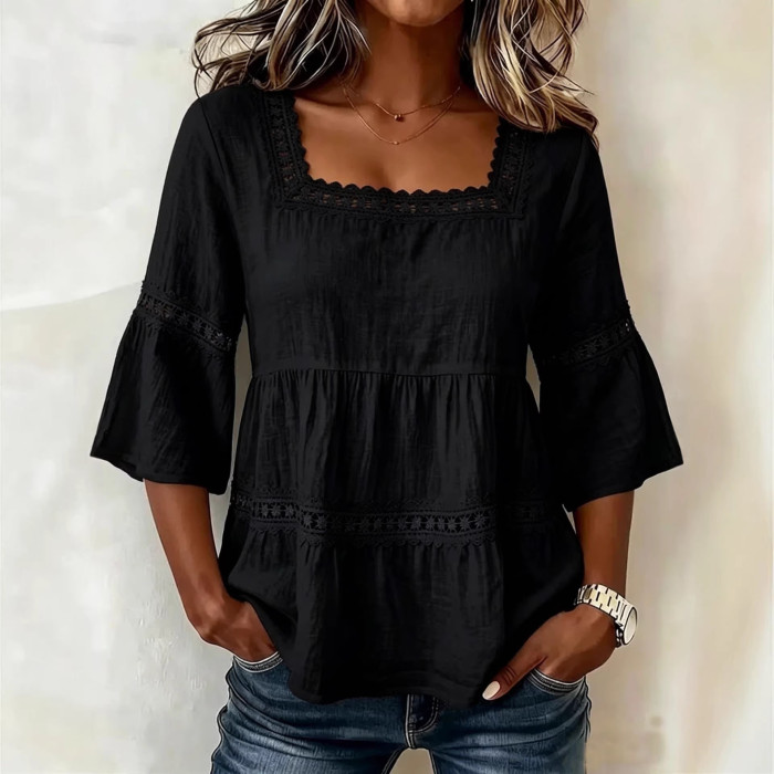 ✨Daily & Casual Square Collar Lace Patchwork Seven-Quarter Sleeve Hollowed Top🌷