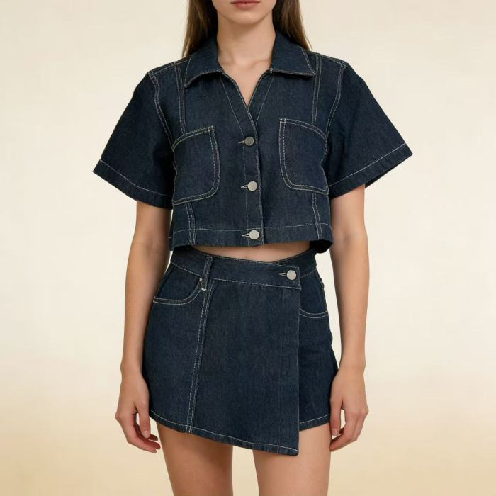 ✨Commute & Daily Cotton Short Sleeve Denim Skirt Pants Two Piece Set🌷